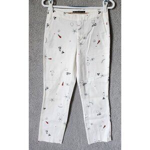 Zara Basic Collection Women's Woven Knit Ankle Pants White Floral Doodles Size S
